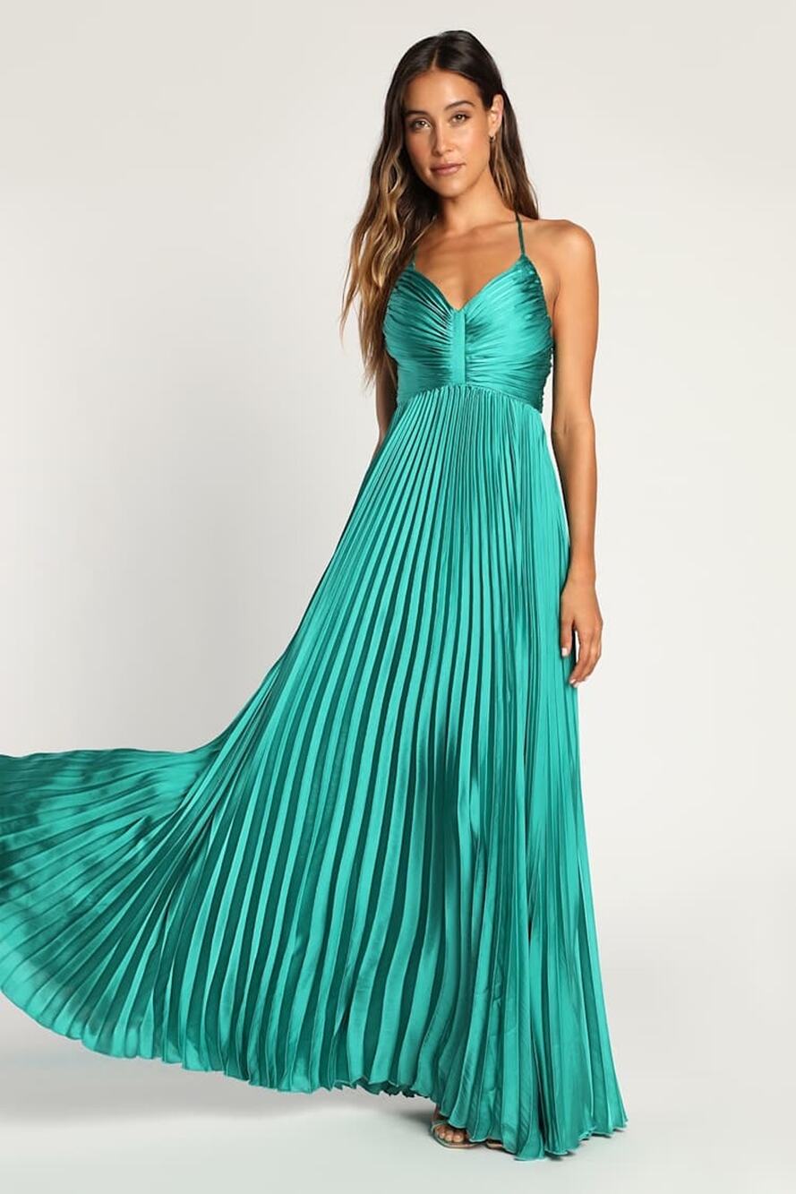 NWT Lulus Dreaming in Color Green V-Neck Pleated Satin Maxi Dress Bridesmaid M